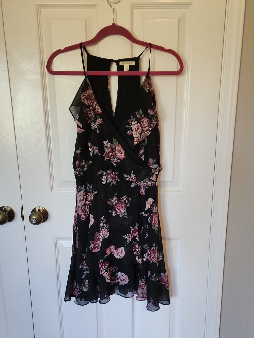 Floral V-Neck Mini Dress in Black with Pink Roses